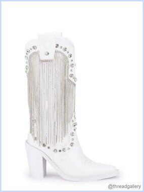Vegan Leather Cowboy Boots Rhinestone Fringe Jewel Studs 4 Inch Heel